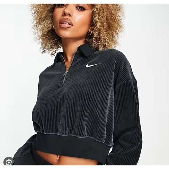 Nike Womens Black Ribbed Velour Cropped Pullover Quarter Zip Size M - Picture 2 of 9